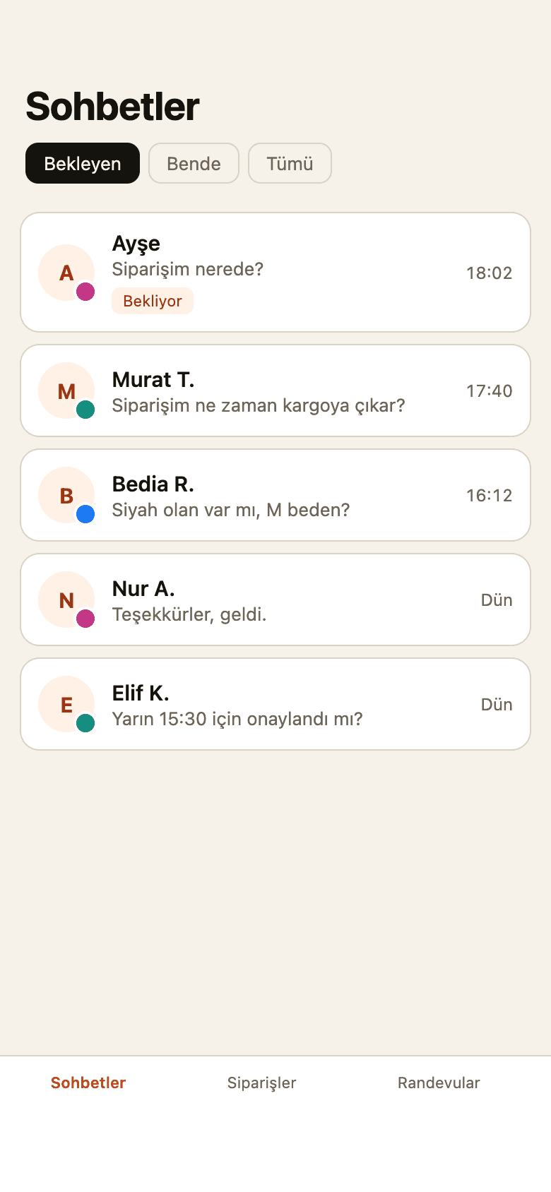 HeppChat mobil uygulaması — sohbet listesi